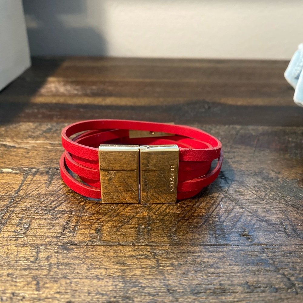 Red Leather Wrap Coach Bracelet - New